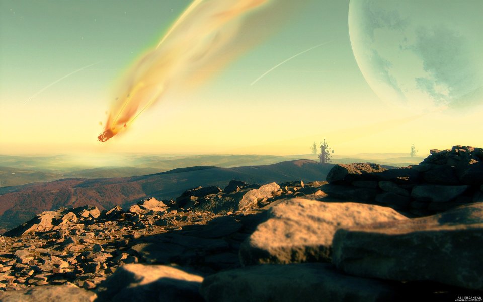 异星荒野陨石坠落 巨型行星悬天科幻风景