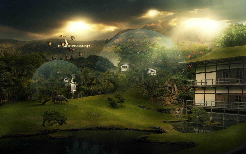 超现实奇幻日式园林风景壁纸