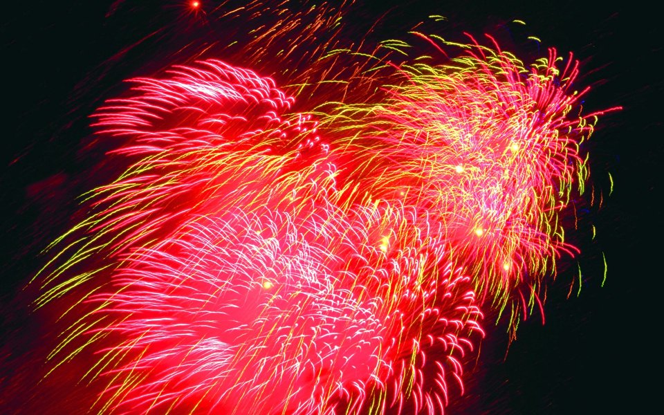 Red Yellow Festival Fireworks Blooming In Dark Night Sky