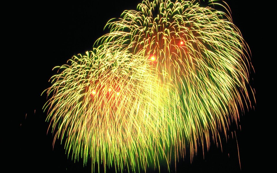 Gold Green Festival Fireworks Bursting In Dark Night Sky
