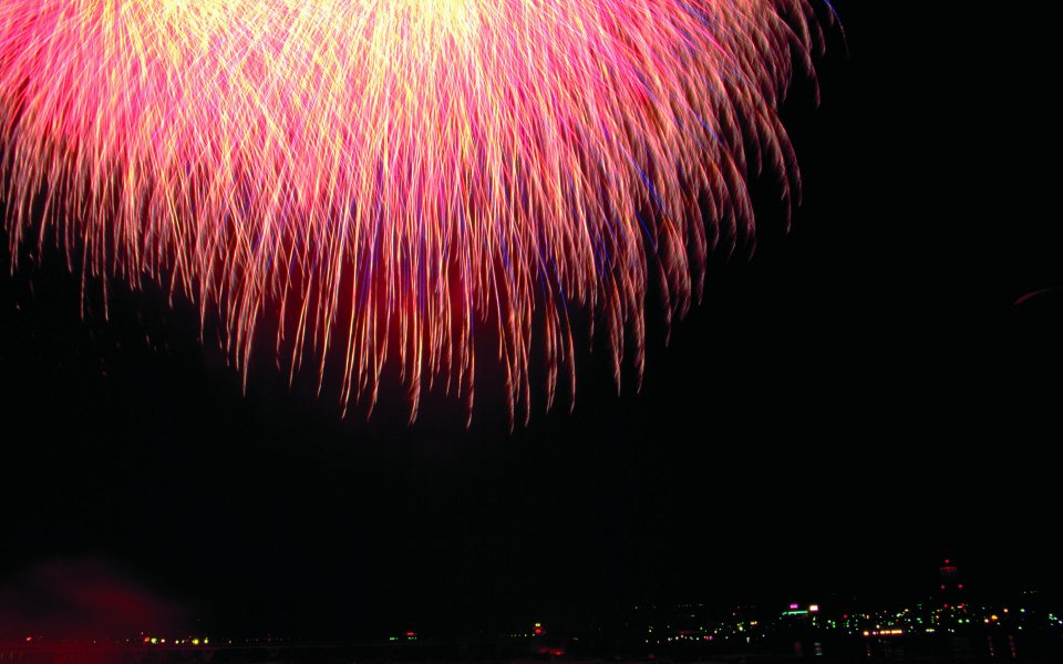节日庆典粉金渐变烟花绽放夜景