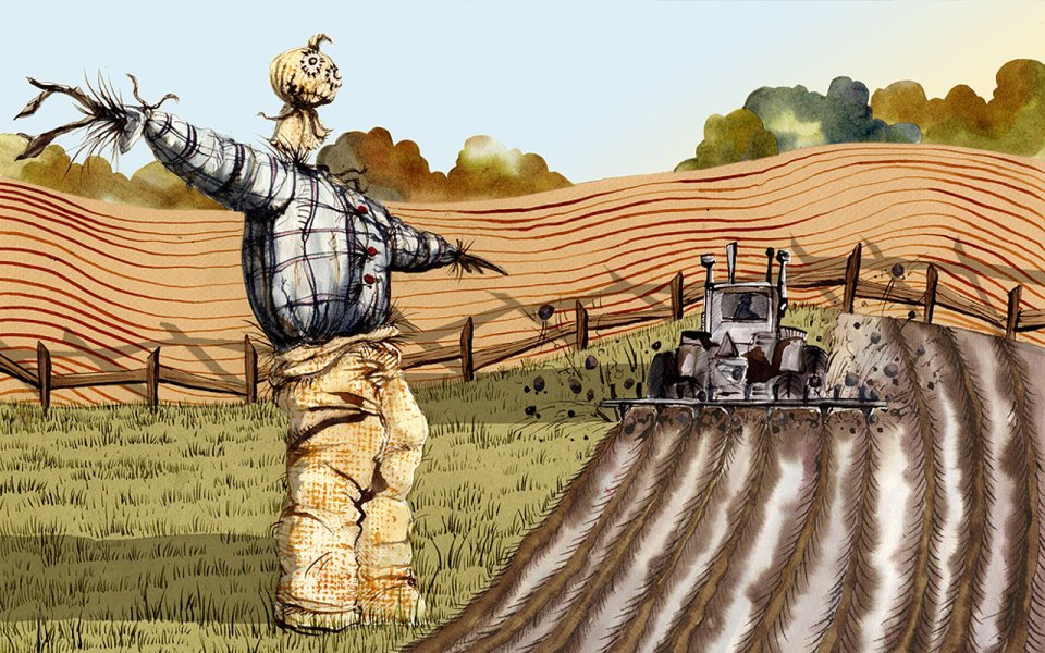 Rural Landscape Scarecrow And Tractor