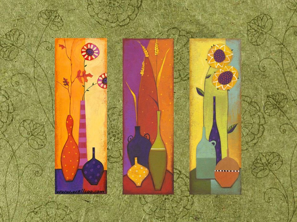 Modern Decorative Art Floral Vases Triptych