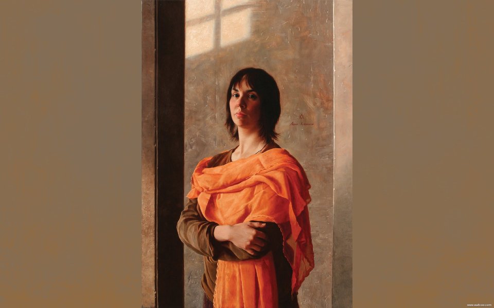 Golden Evening Realistic Portrait Of Woman With Orange Scarf