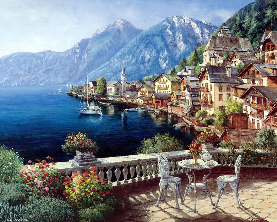 奥地利哈尔施塔特小镇湖山风景油画