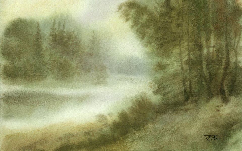 Watercolor Misty Forest Landscape