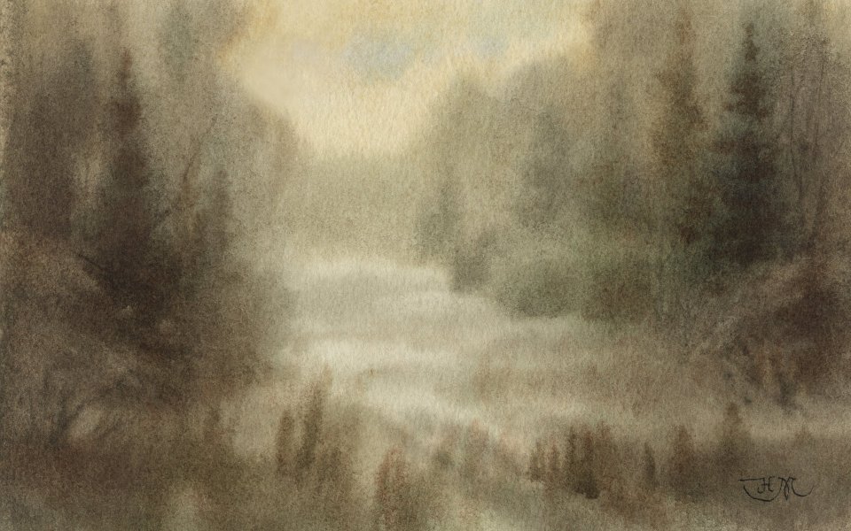 Hazy Morning Forest Watercolor Painting