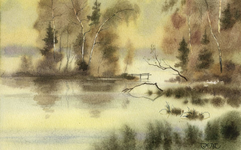 水彩画风格的宁静森林湖泊风景
