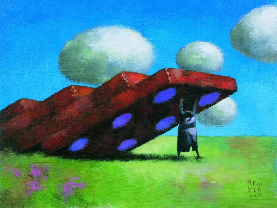 Surrealist Oil Painting Person Lifting Giant Red Dice Business Concept