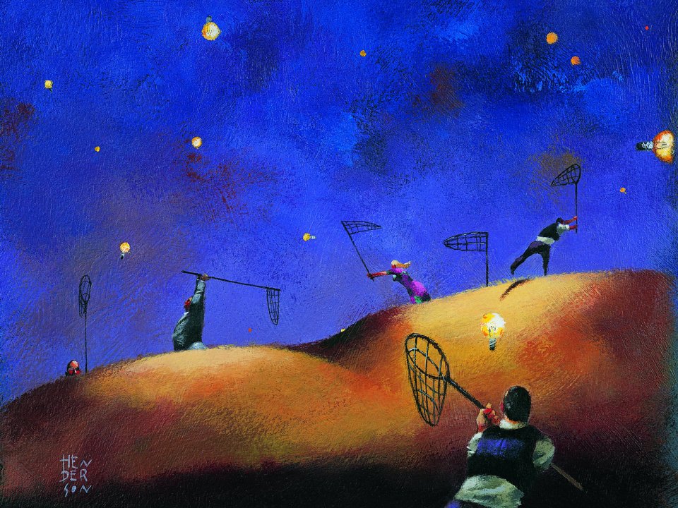 Surrealist Illustration People Catching Floating Light Bulbs On Hill