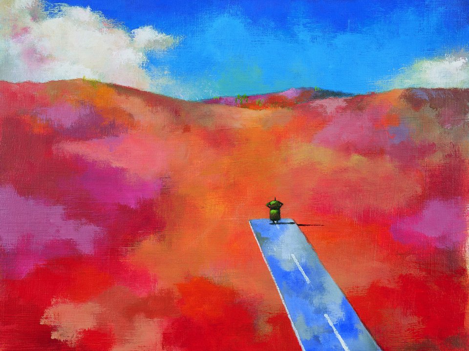 Surreal Oil Painting Lonely Traveler On Road In Red Wilderness