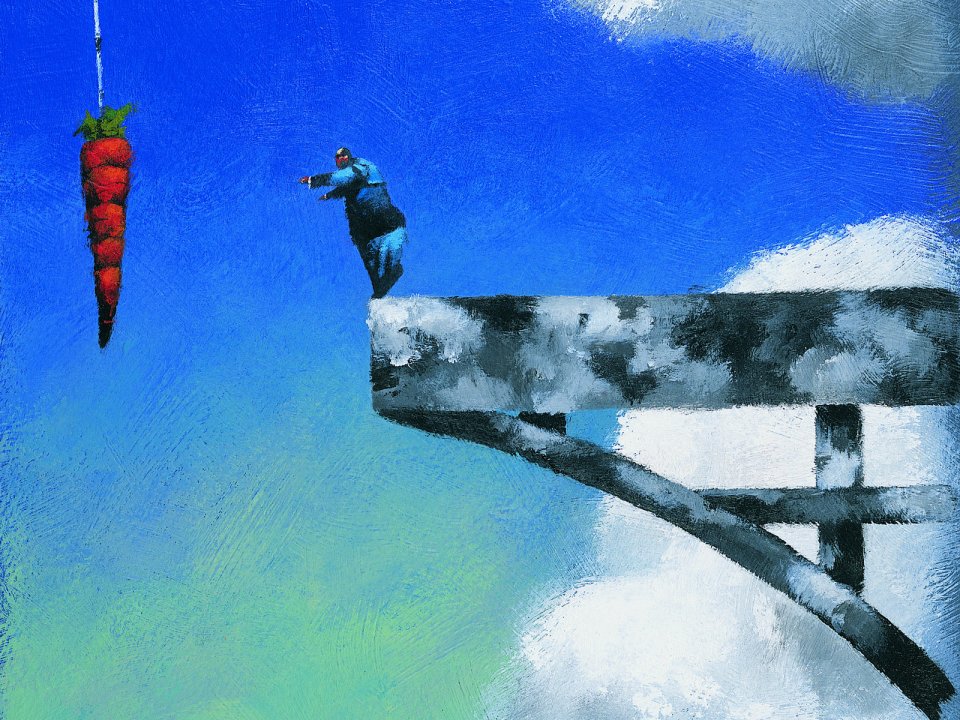 超现实主义商业概念油画 站在断桥边缘追逐悬挂胡萝卜的人物