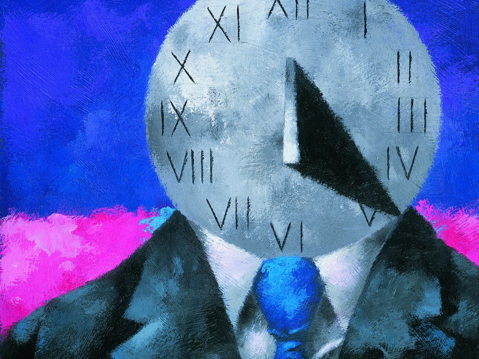 Surrealism Business Time Concept Painting Clock Head Suit Person
