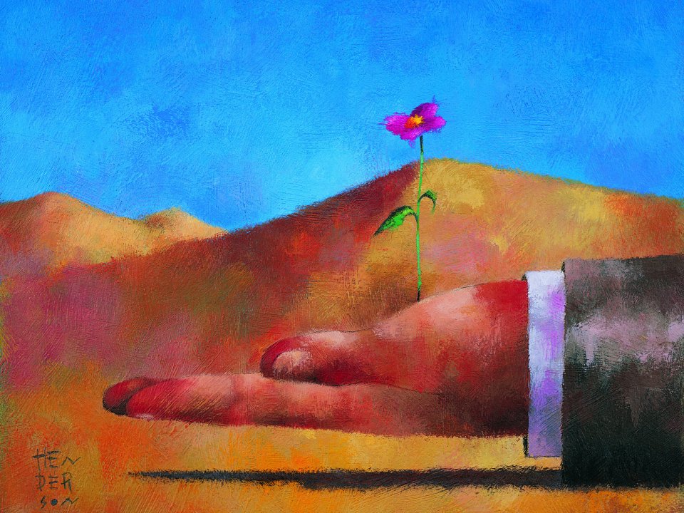 荒漠手掌中生长的紫色小花超现实创意油画