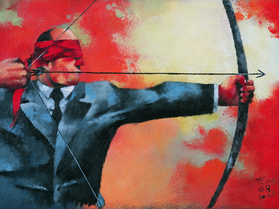 Blindfolded Businessman Shooting Arrow Concept Oil Painting