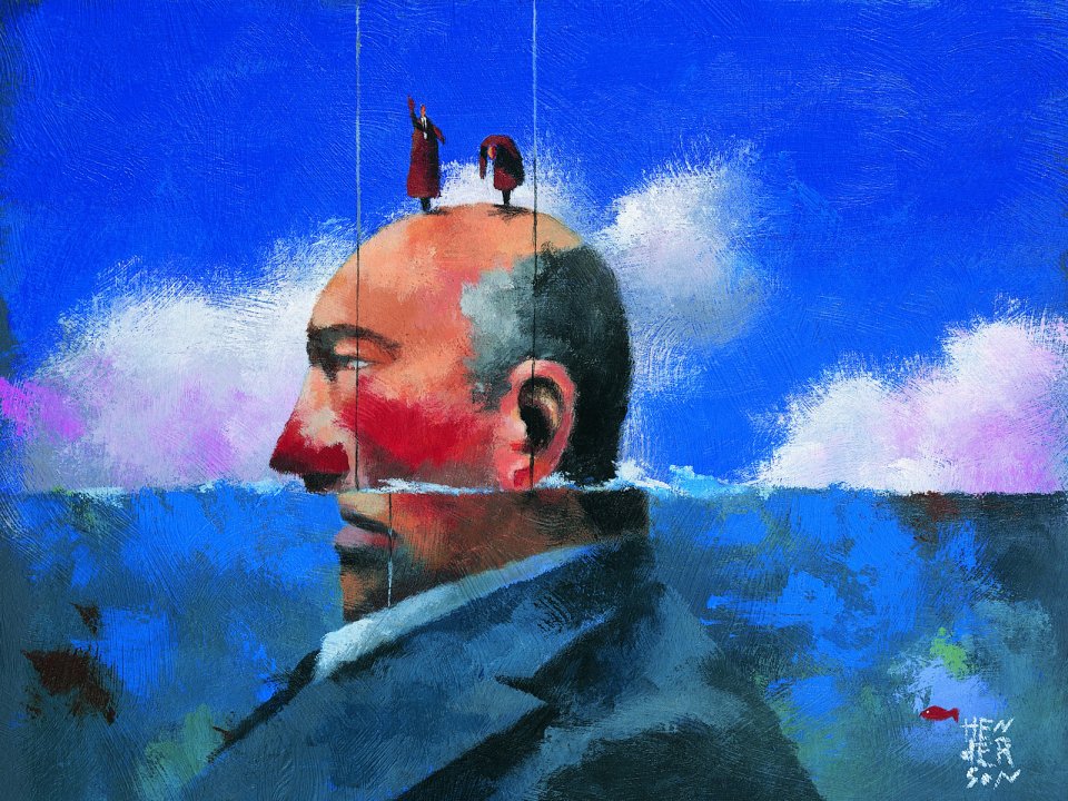 超现实主义商务隐喻油画 半浸海面的男士头顶站立微型人物