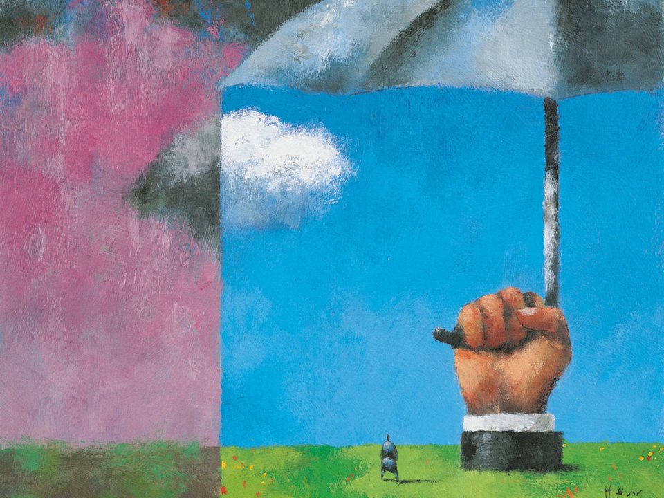 Surreal Business Concept Illustration Giant Hand Holding Umbrella