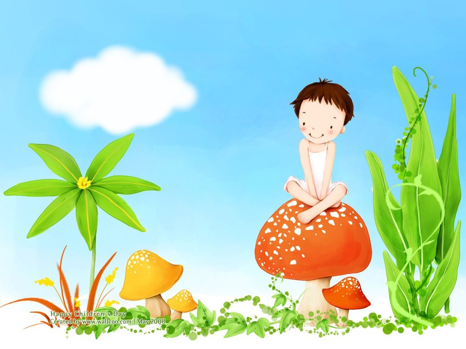 Childrens Day Illustration Little Boy Sitting On Red Spotted Mushroom