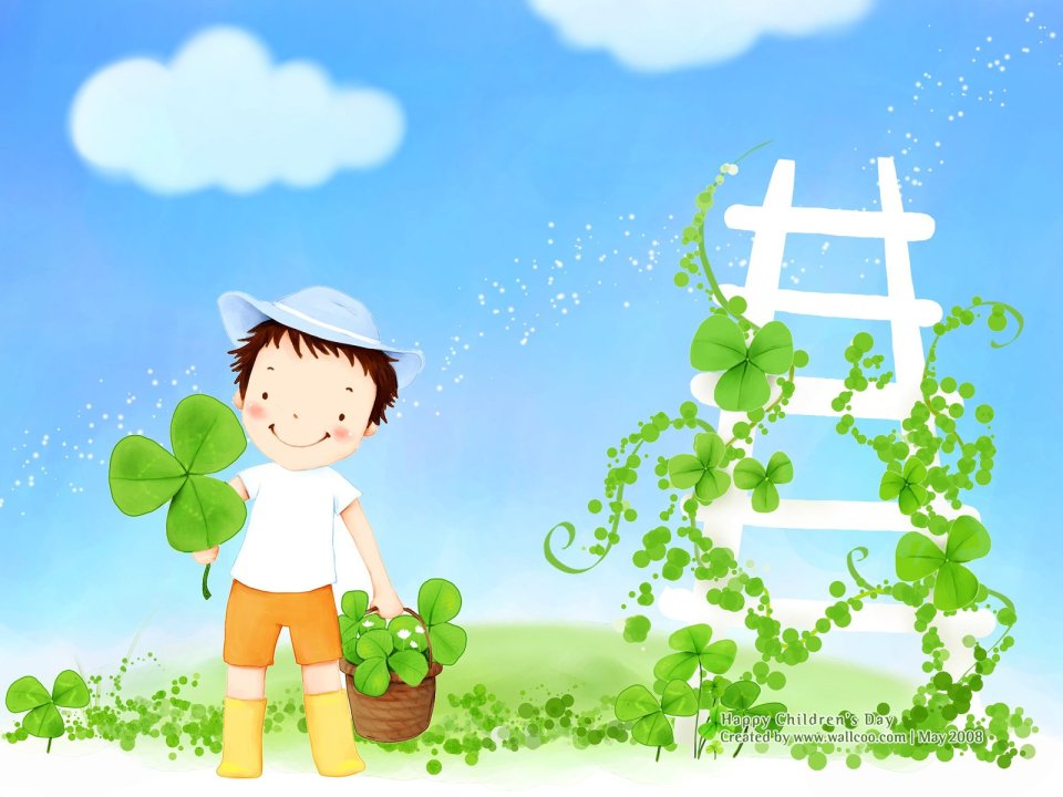 儿童节可爱小男孩采摘三叶草童趣插画