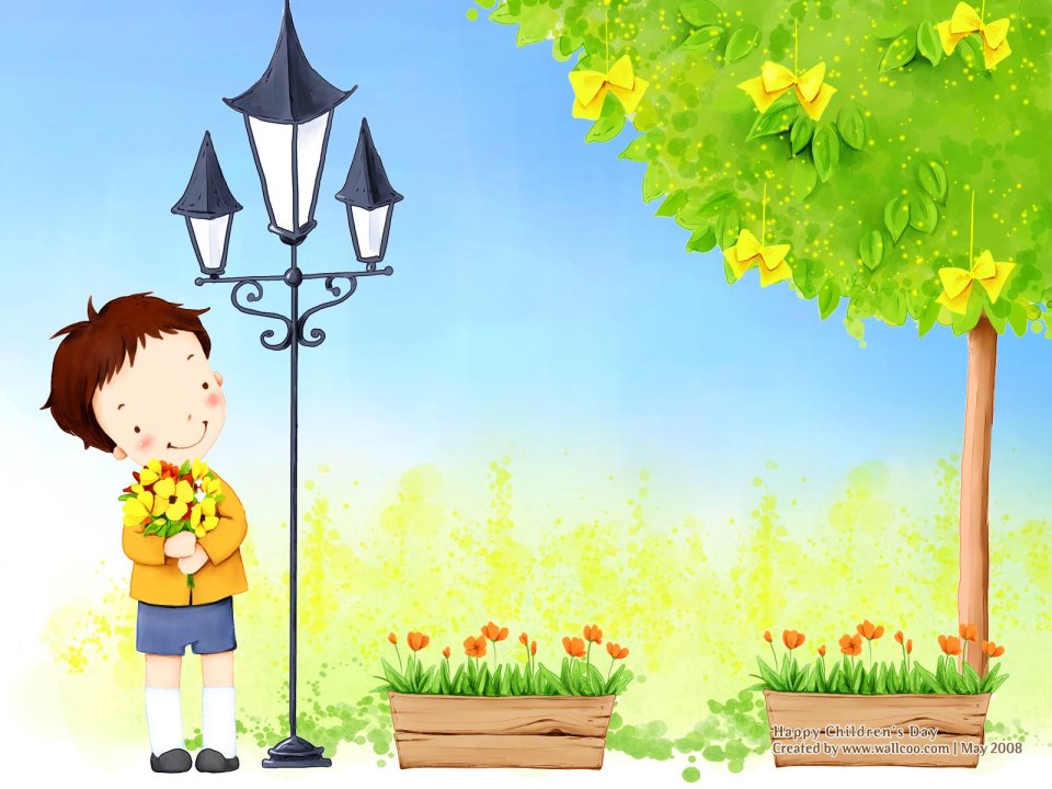 儿童节主题 抱花小男孩春日户外卡通插画