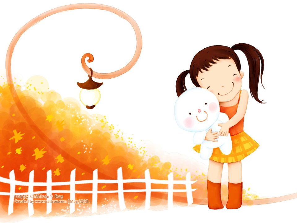 Little Girl Holding Rabbit Doll Children Day Autumn Illustration