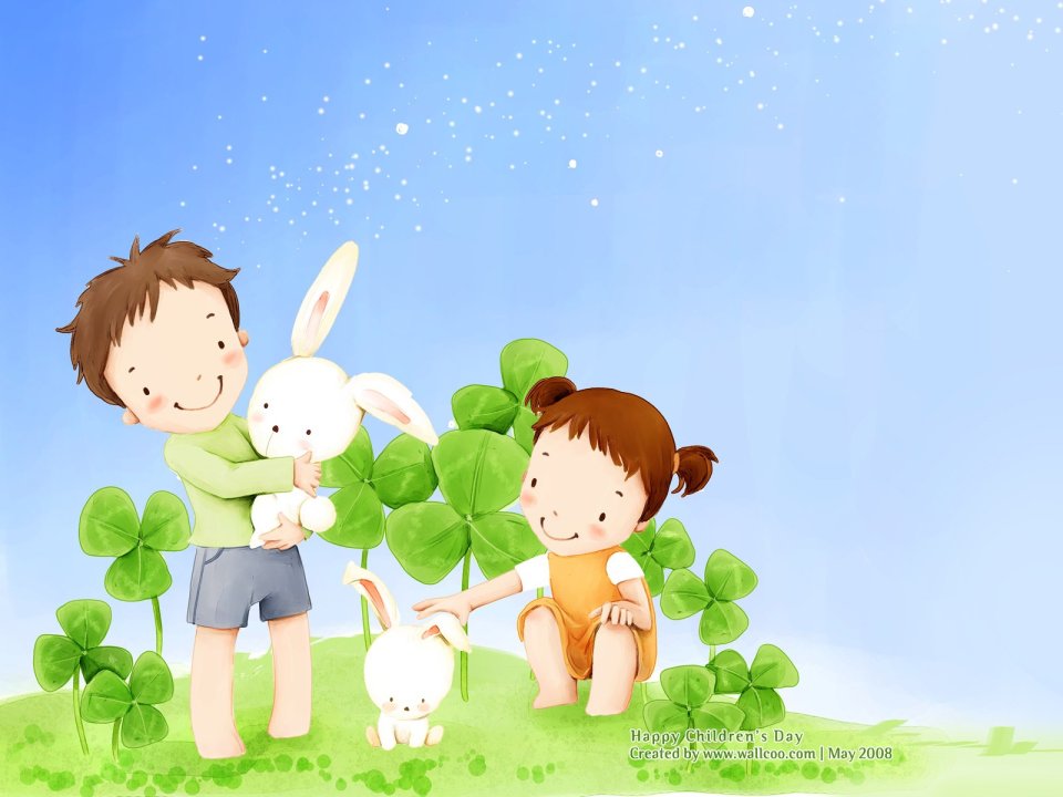 Happy Childrens Day Cute Illustration Kids Play With White Rabbits