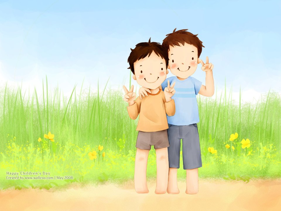 Happy Childrens Day Two Little Boys Grassland Peace Sign Illustration
