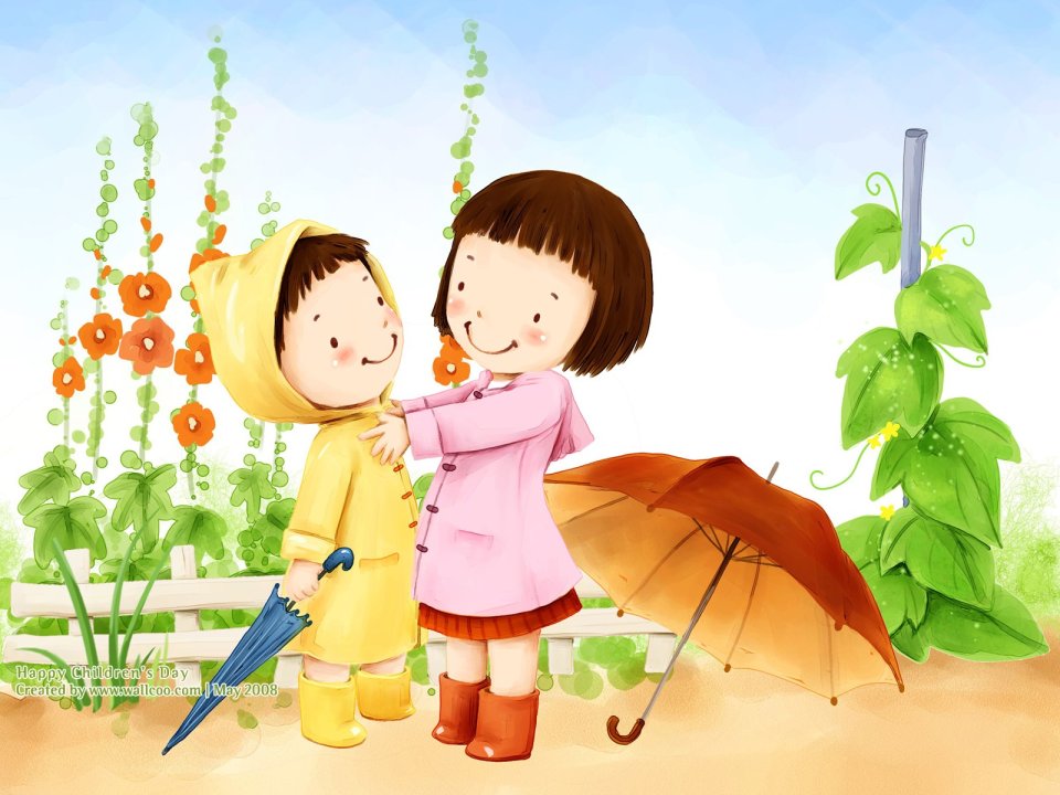 Raincoat Siblings Sweet Interaction Children Day Watercolor Illustration