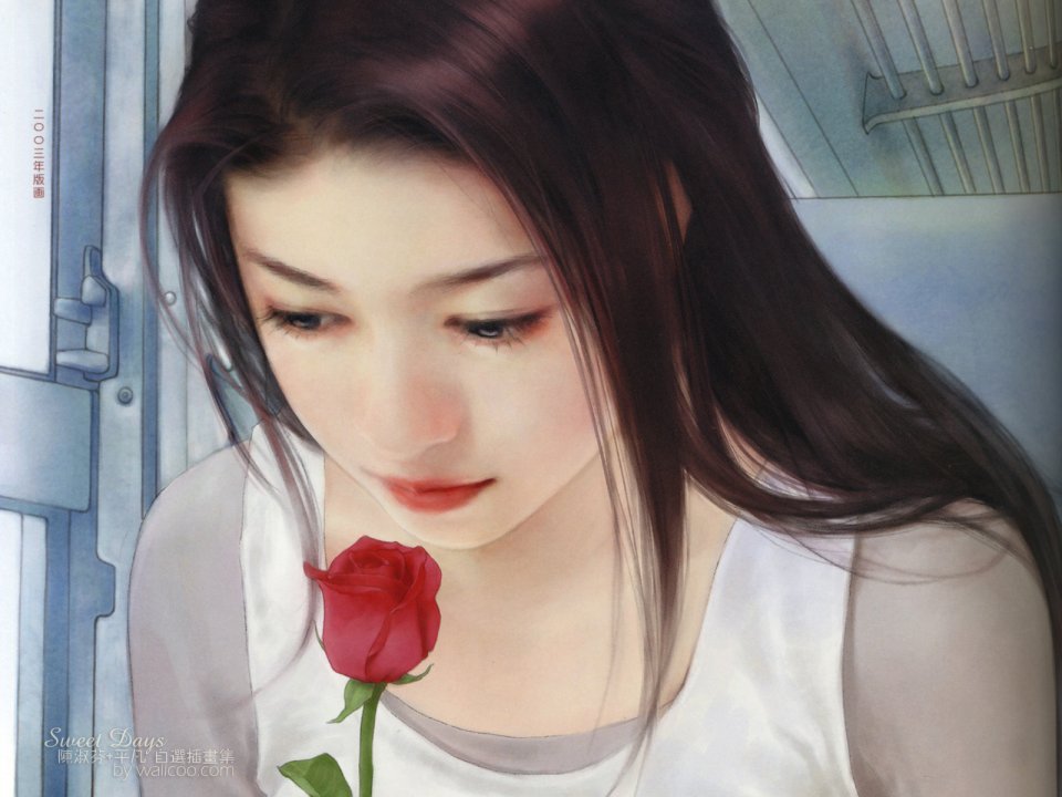 Chen Shufen Watercolor Illustration Girl With Red Rose