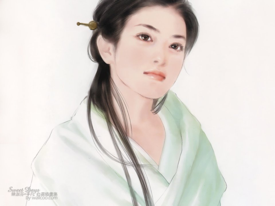 Chen Shufen Ancient Chinese Lady Green Hanfu Watercolor Illustration