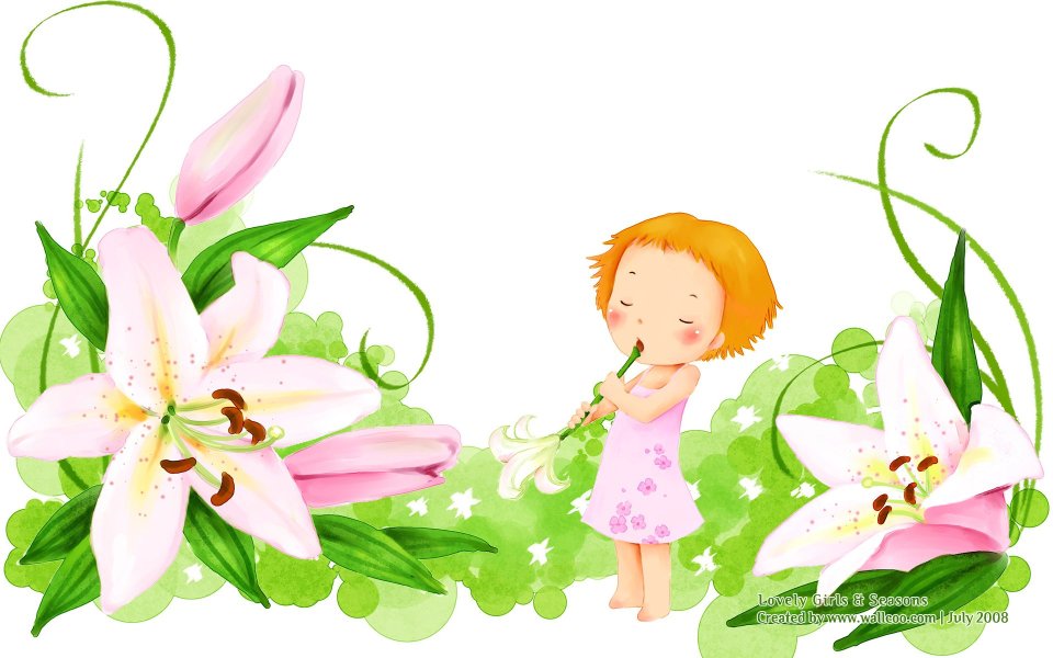 Cute Little Girl Playing Lily Cartoon Illustration