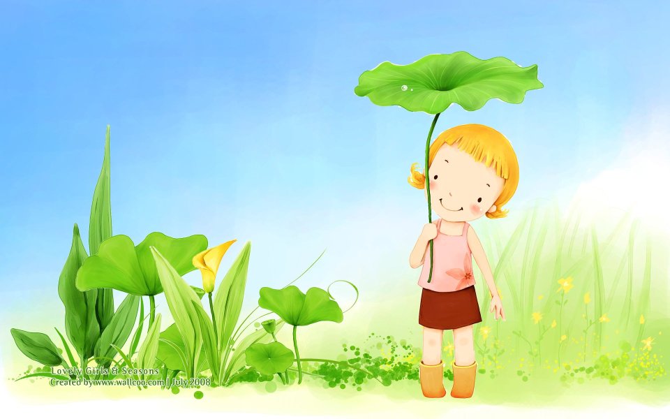 Cute Little Girl Holding Lotus Leaf Summer Cartoon Illustration