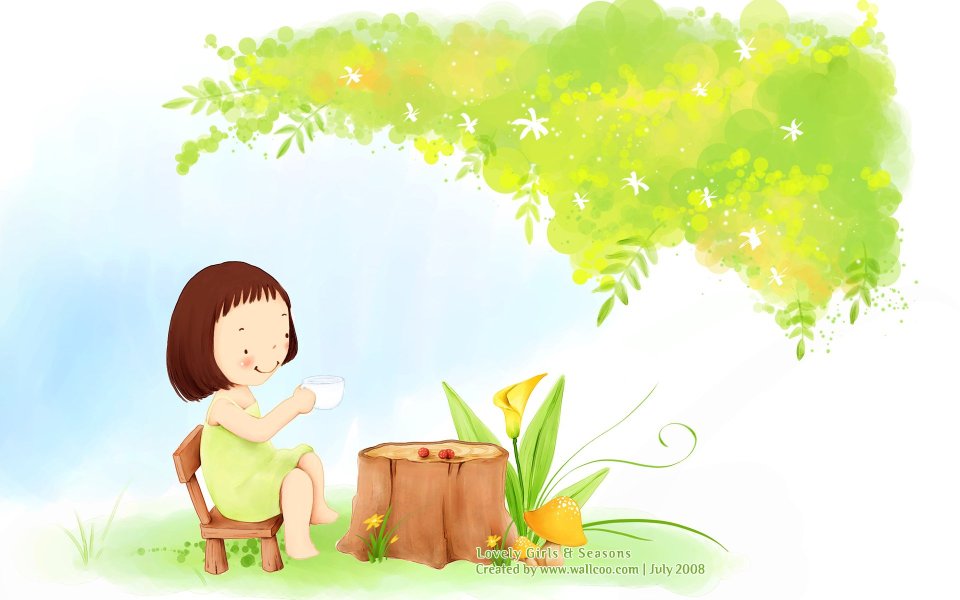 春日户外喝茶的可爱短发小女孩水彩卡通插画