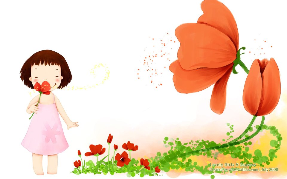 Cute Little Girl Holding Red Flower Spring Cartoon Illustration