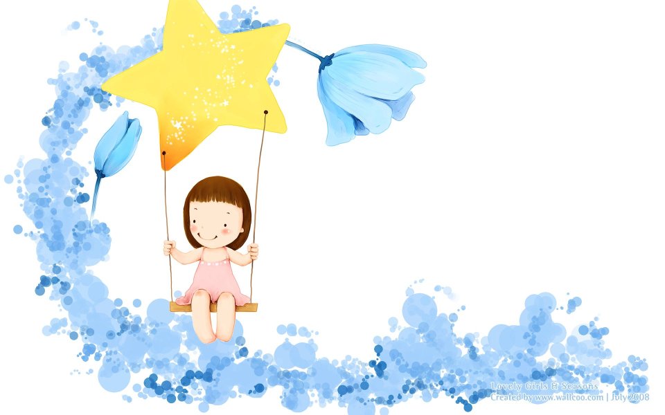 Cute Little Girl Swing On Star Watercolor Illustration