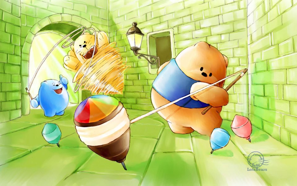 卡通小熊玩抽陀螺晕头转向欢乐童趣插画