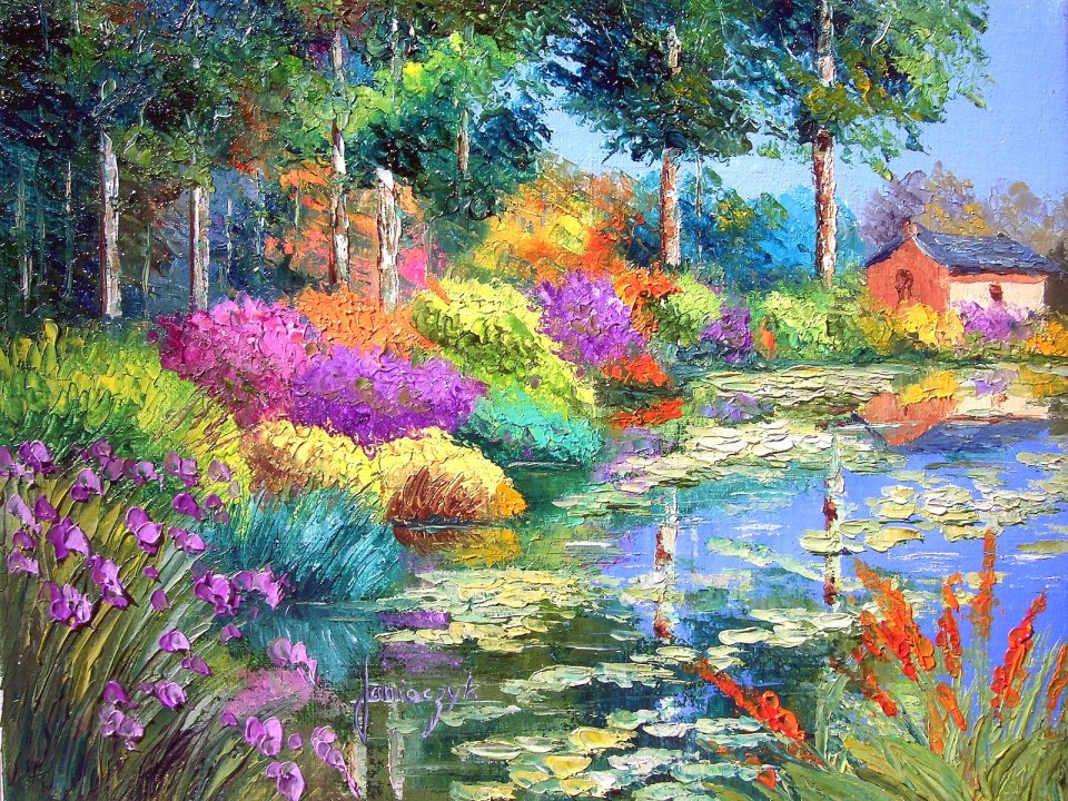 Jean-Marc Janiaczyk 印象派油画 林间睡莲池塘花园风景