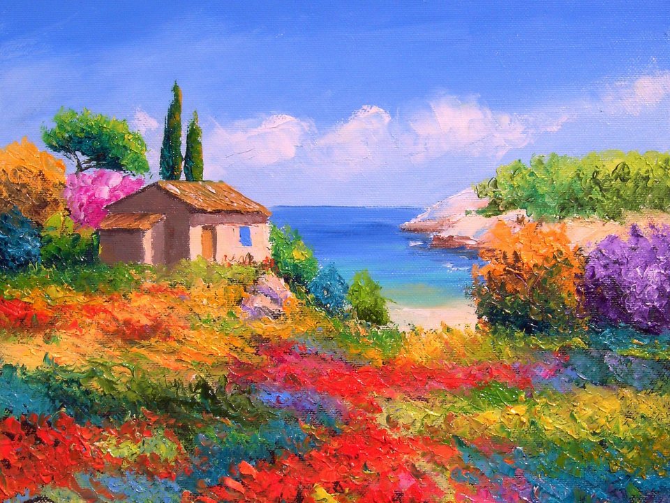 Jean Marc Janiaczyk Provence Coastal Cottage Landscape Oil Painting