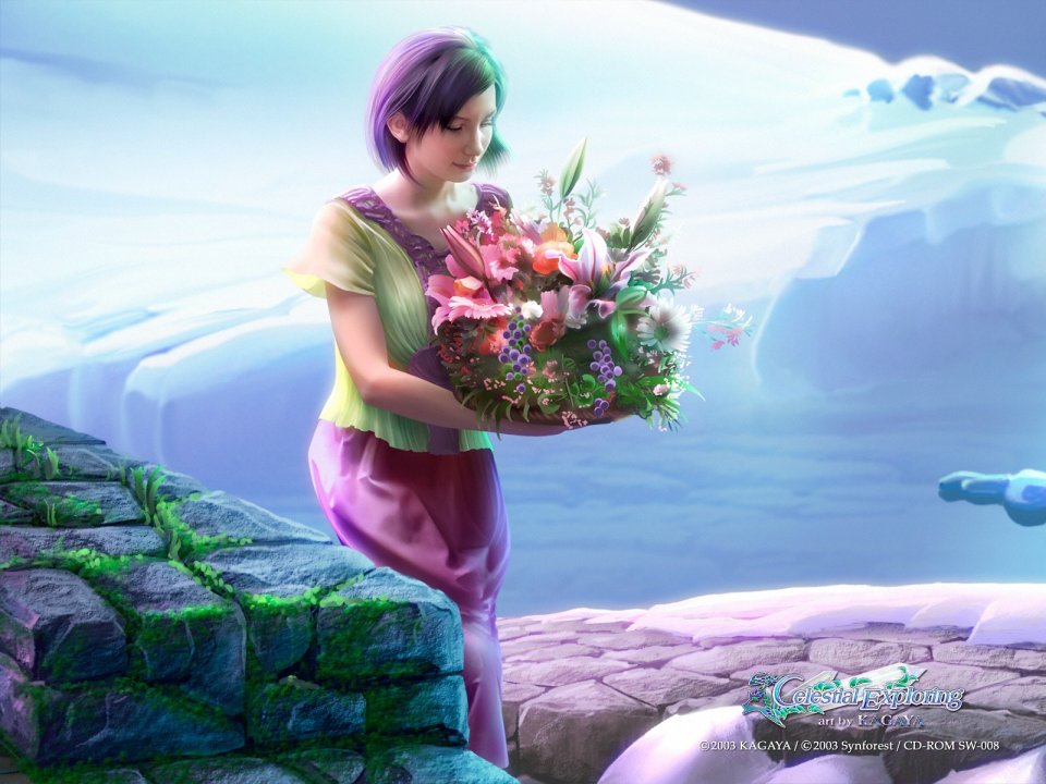 KAGAYA Celestial Exploring Girl Holding Flower Bouquet Illustration