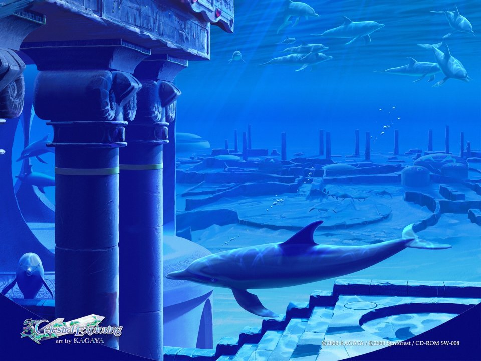 KAGAYA Fantasy Illustration Underwater Atlantis Ruins Dolphins