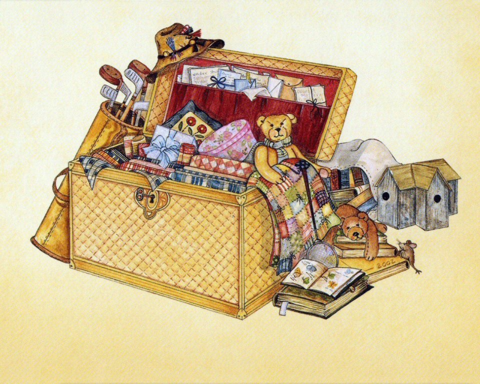 Vintage Trunk Full Of Nostalgic Items American Country Watercolor Illustration