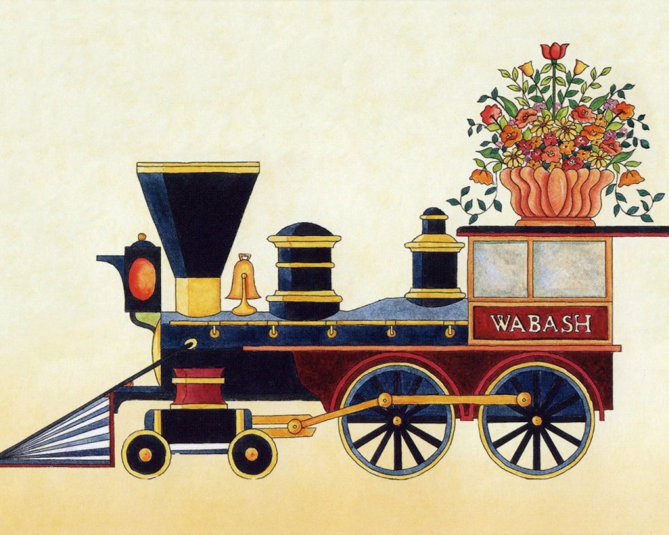 Ellen Stouffer Vintage Steam Train Flower Decor Illustration