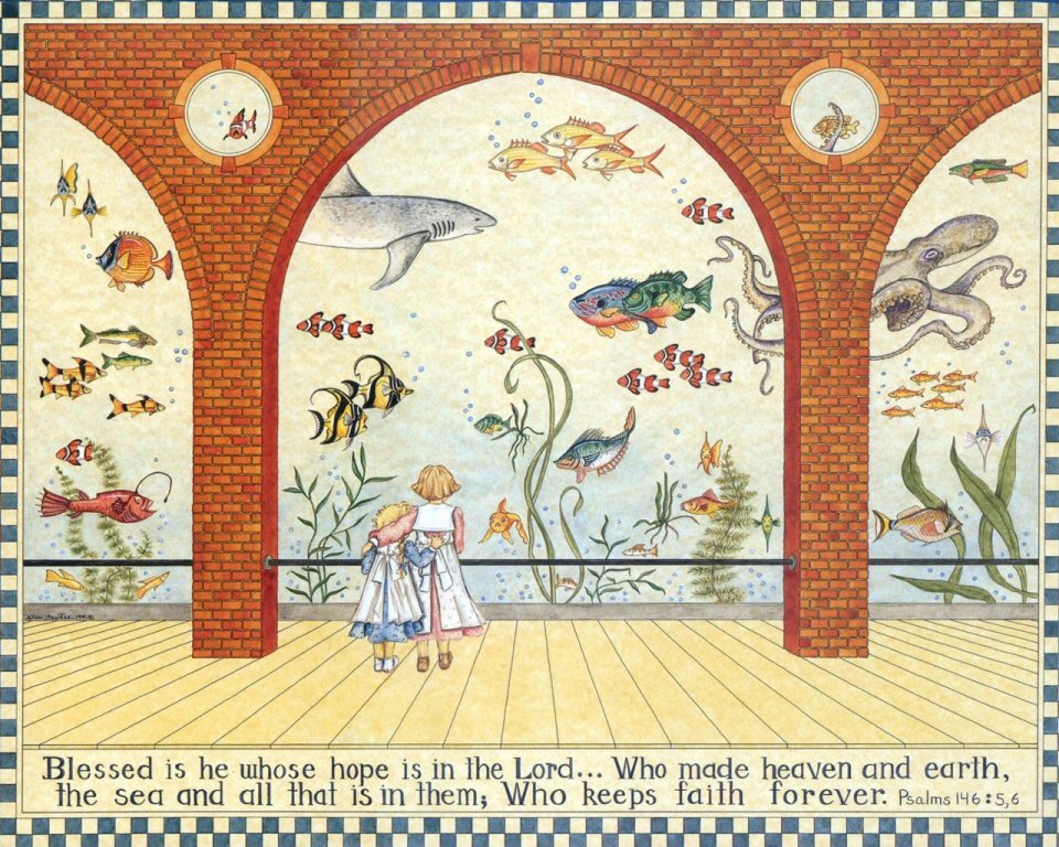 Ellen Stouffer 复古童趣插画 小女孩参观水族馆