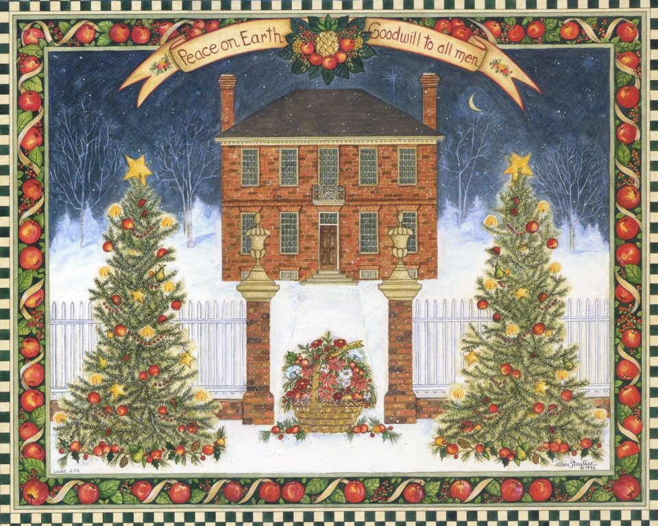 Ellen Stouffer Christmas Winter Night Brick House Folk Art Illustration