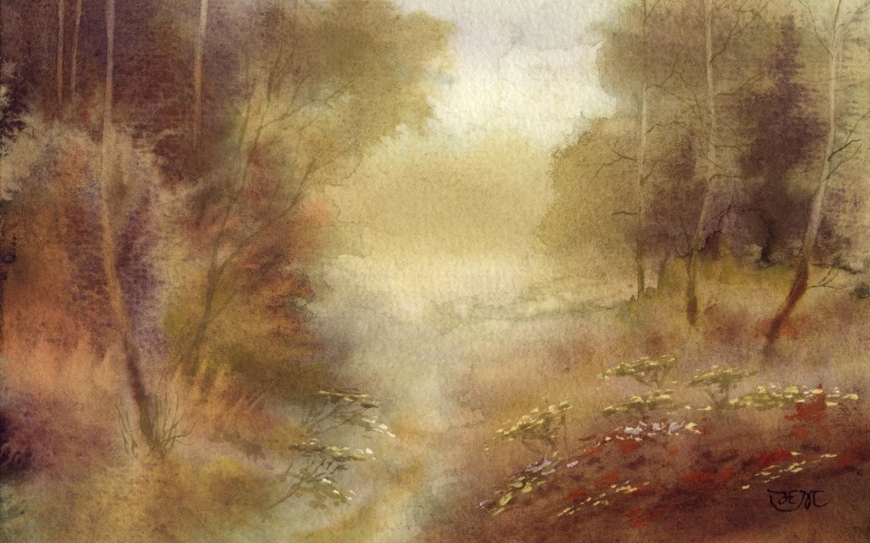Watercolor Forest Morning Mist And Wildflowers