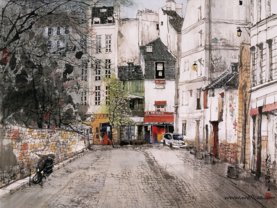 Liu Maoshan Paris Old Alley Color Ink Painting