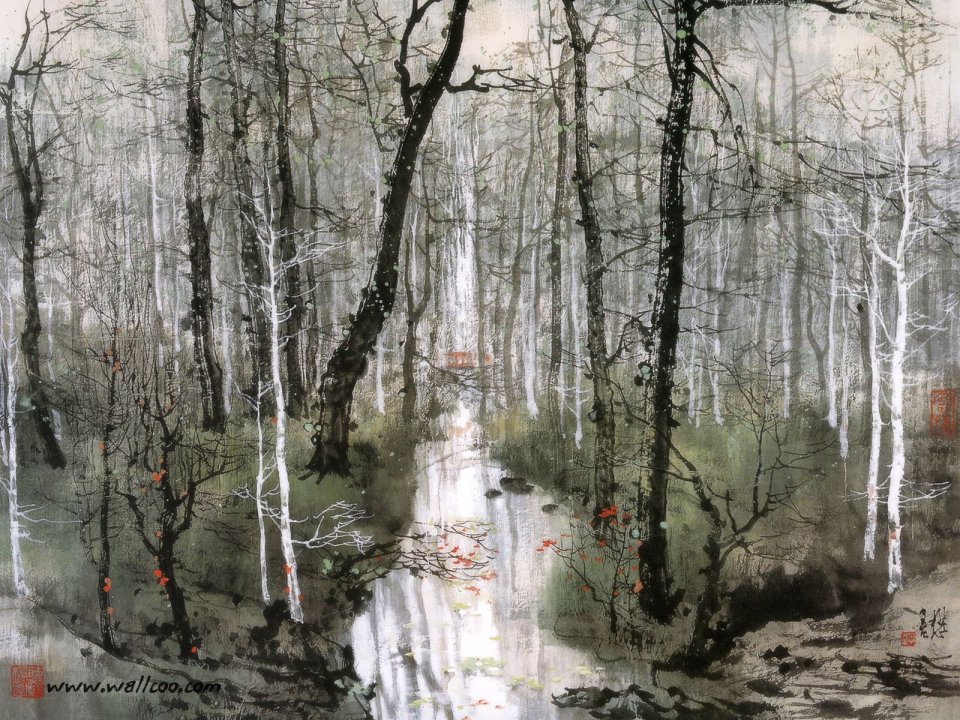 刘懋善 雾中森林溪流水墨山水画