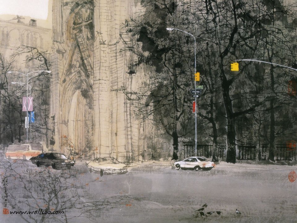 Liu Maoshan Color Ink Painting Gothic Church Street Scene