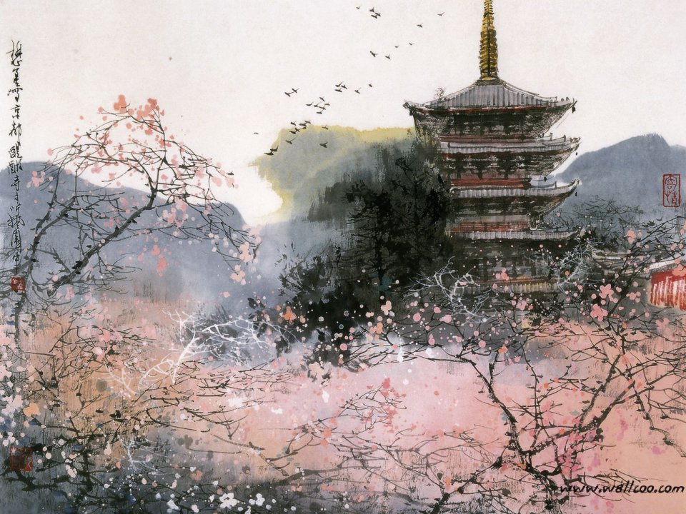 刘懋善 日本京都醍醐寺五重塔春日樱花彩墨画