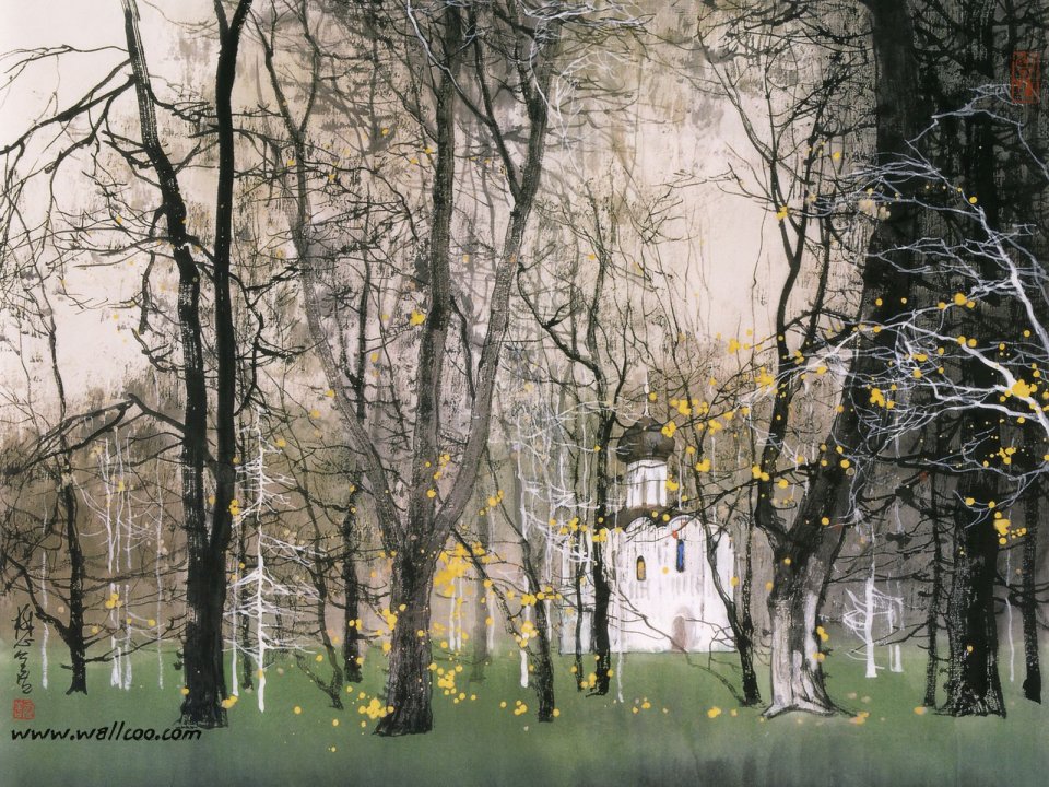 Liu Maoshan Color Ink Painting Autumn Forest Hidden Church